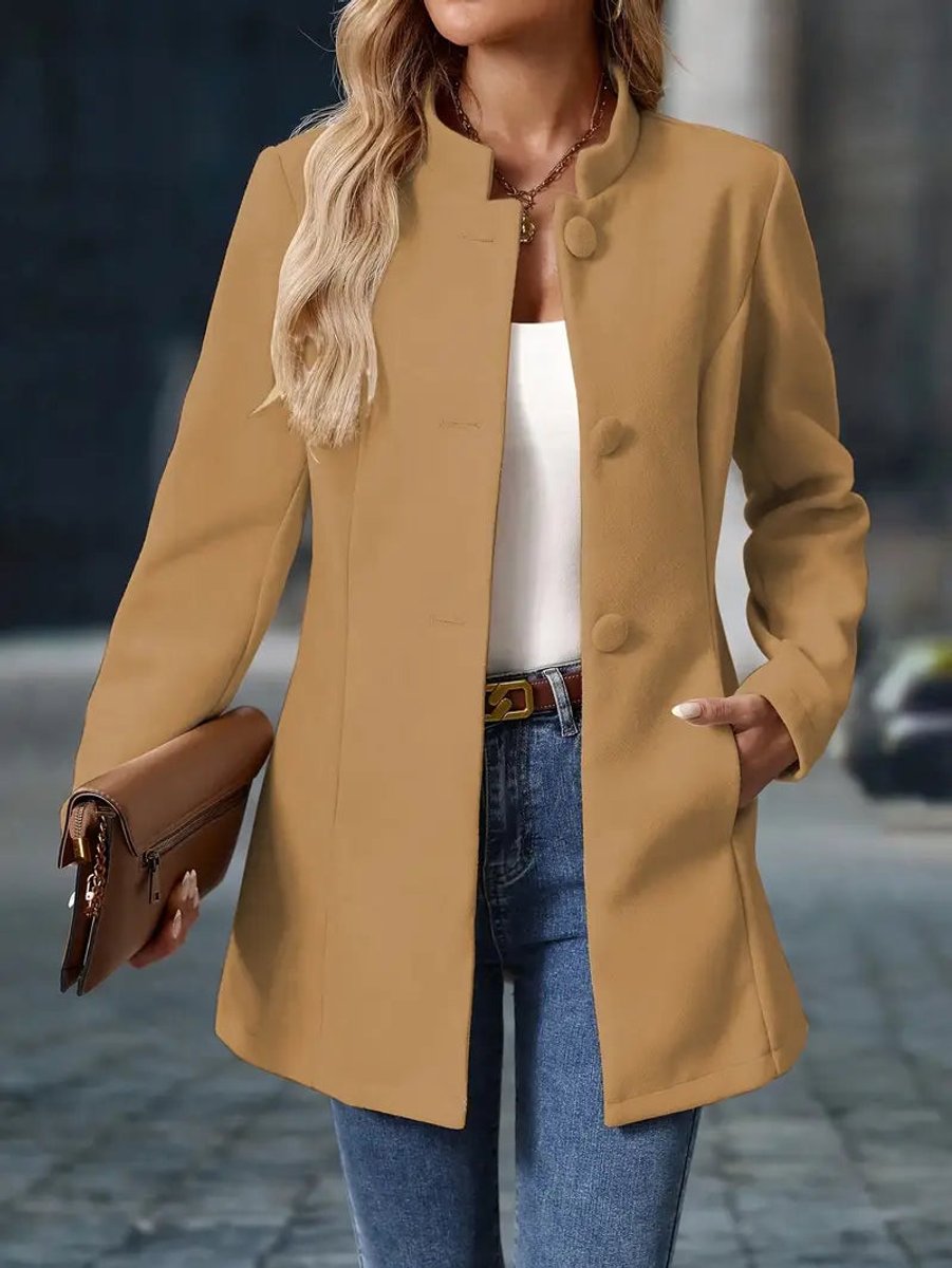 Christine Brewer women's longline blazer coat with stand collar, button-front, and tailored fit, ideal for stylish professional wear.