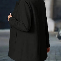 Women's longline blazer coat with stand collar, button-front design by Christine Brewer, stylish and tailored for a polished look.