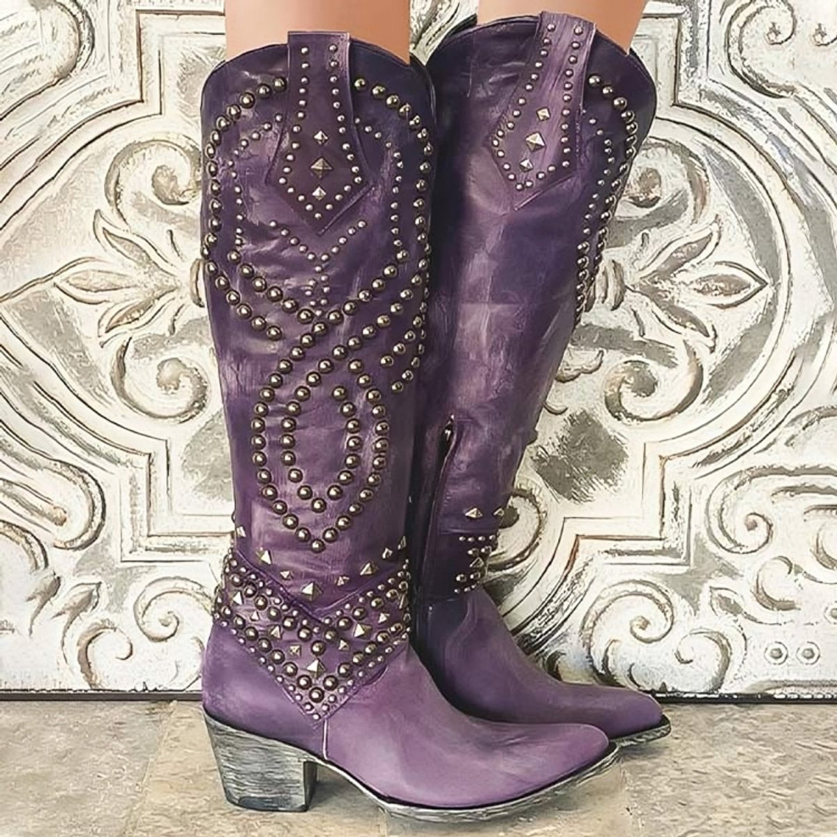 Jade | Knee High Boots, Western Boots, Women, Cowboy Boots, Studded, Block Heel, Pointed Toe,
