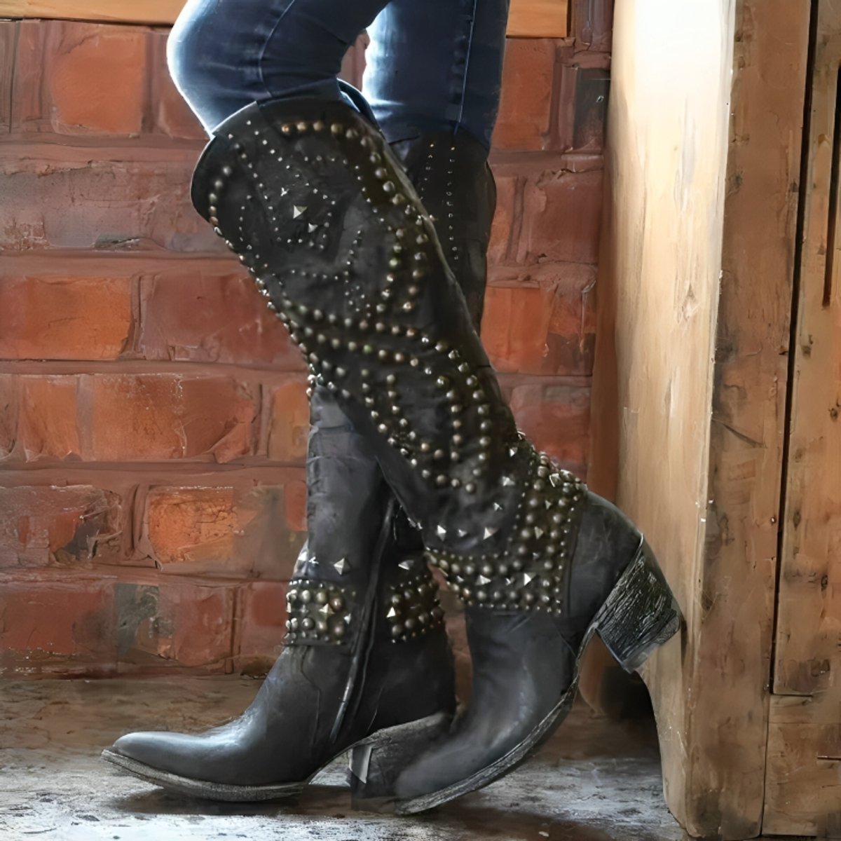 Jade | Knee High Boots, Western Boots, Women, Cowboy Boots, Studded, Block Heel, Pointed Toe,