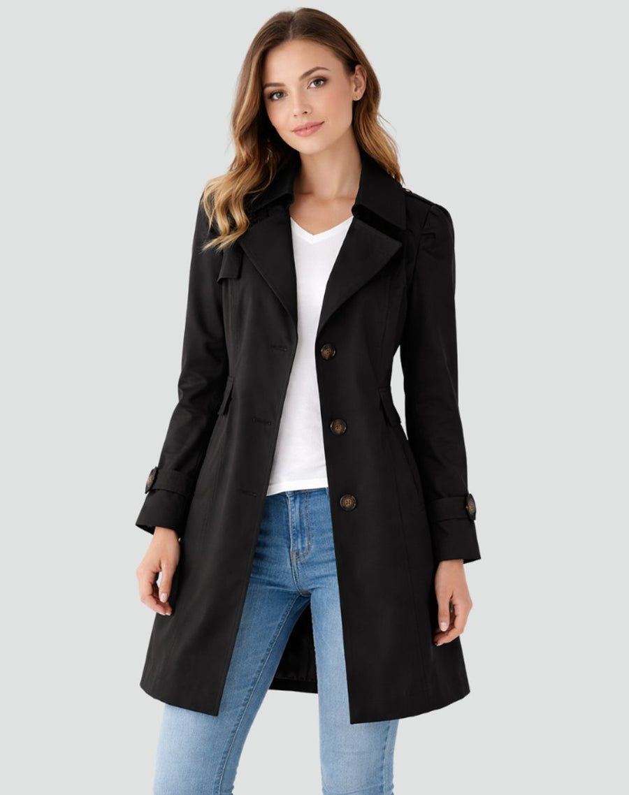 Women's mid-length classic lapel trench coat by Christine Brewer, tailored fit with a stylish silhouette and timeless design.