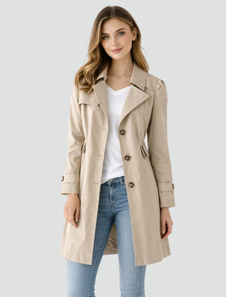 Christine Brewer women's mid-length tailored trench coat with classic lapel, stylish and versatile for everyday wear.