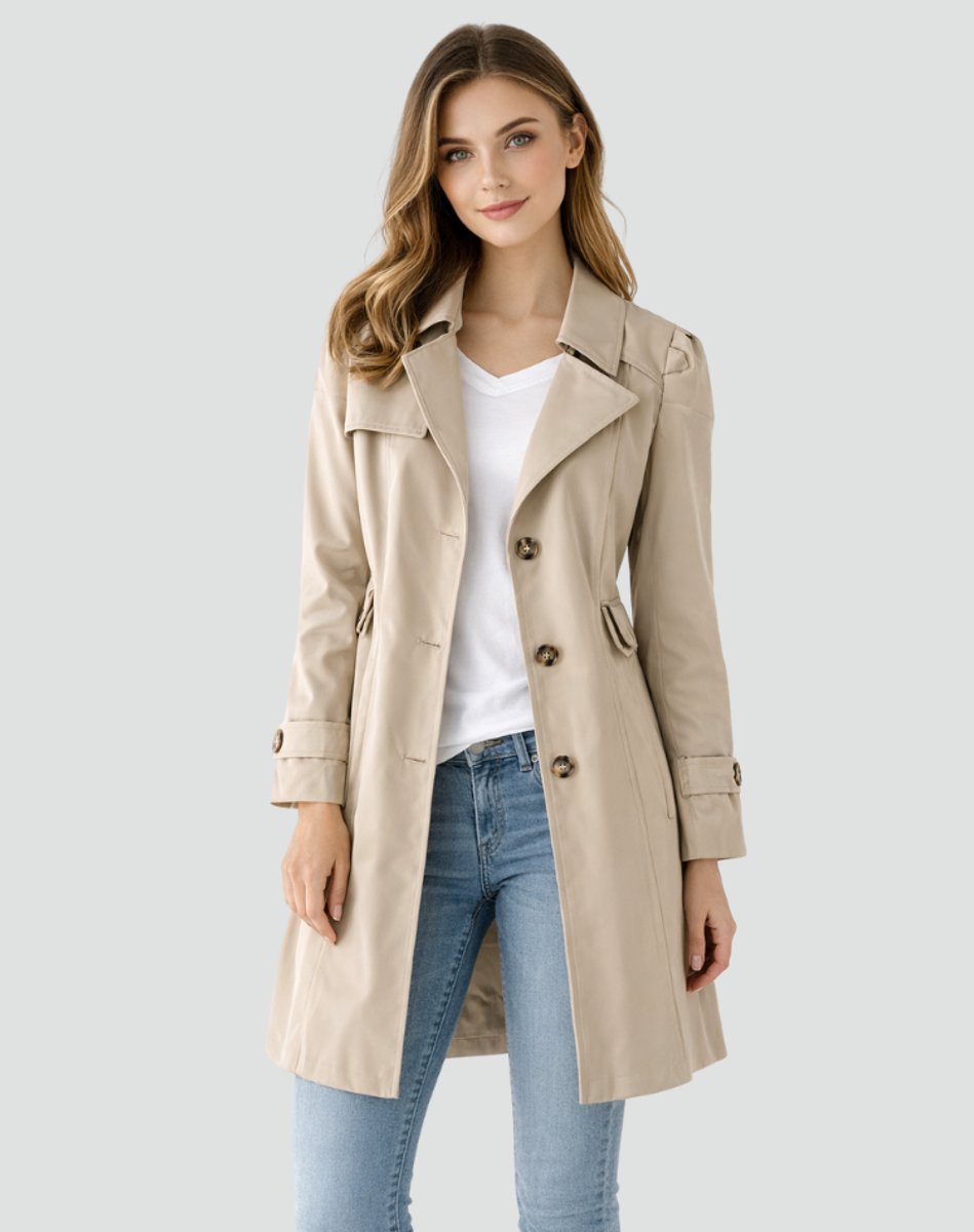 Christine Brewer women's mid-length tailored trench coat with classic lapel, stylish and versatile for everyday wear.