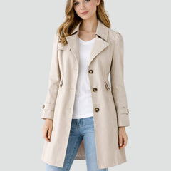Willow women's tailored mid-length trench coat with classic lapel, stylish and elegant, in a neutral color.