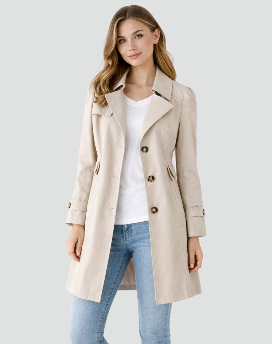 Willow women's tailored mid-length trench coat with classic lapel, stylish and elegant, in a neutral color.