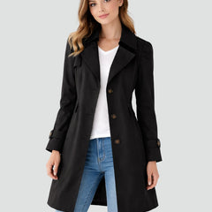 Women's tailored mid-length double-breasted trench coat by Christine Brewer, stylish and versatile outerwear for women.