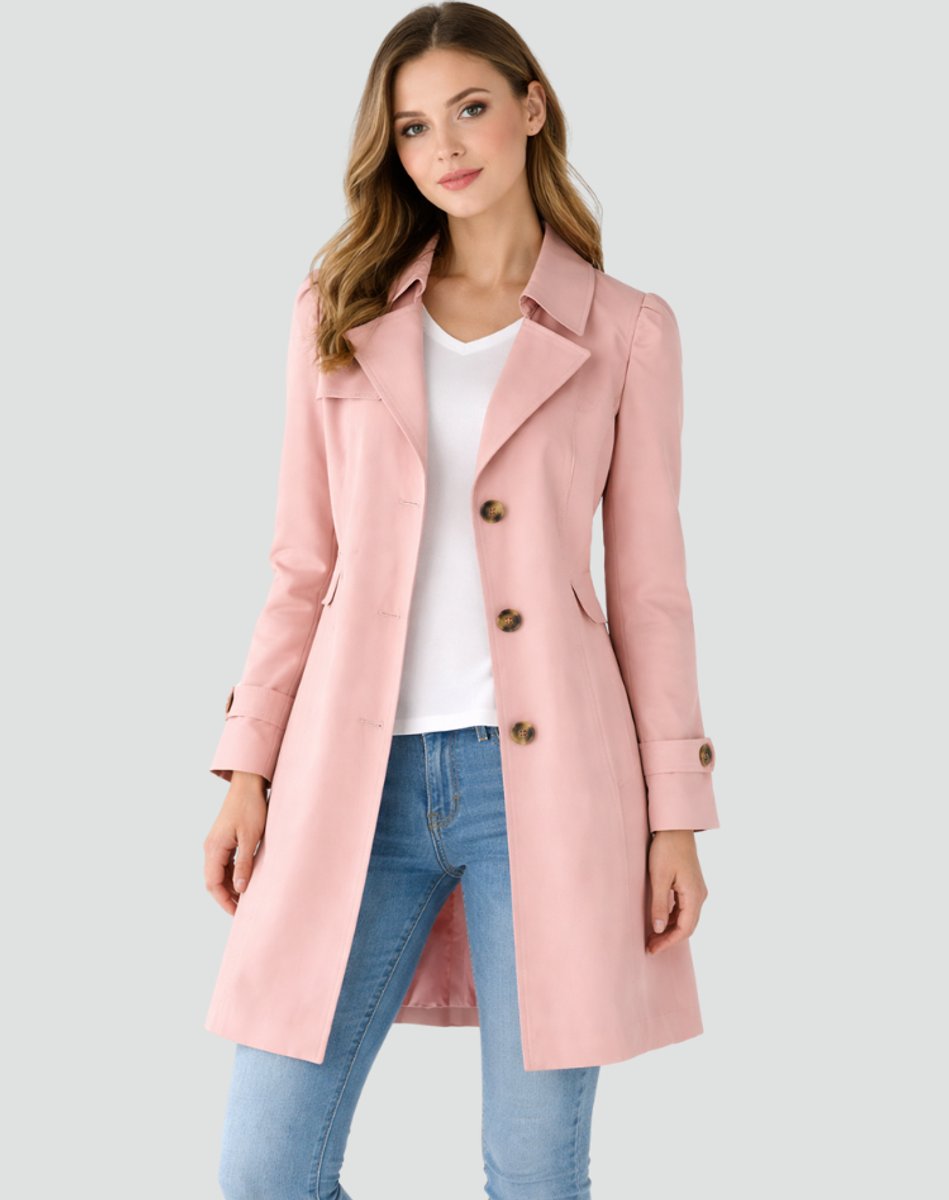 Women's Christine Brewer Layla tailored mid-length double-breasted trench coat hanging on a hanger, showing classic style and beige fabric.