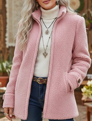 Christine Brewer women's Teddy Sherpa coat with full-zip front and stand-collar, featuring soft teddy fleece for warmth and comfort.