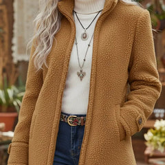 Women's Teddy Sherpa Coat by Christine Brewer featuring a full-zip, stand-collar design in soft fleece material.