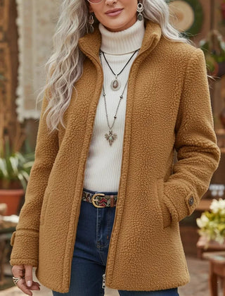 Women's Teddy Sherpa Coat by Christine Brewer featuring a full-zip, stand-collar design in soft fleece material.