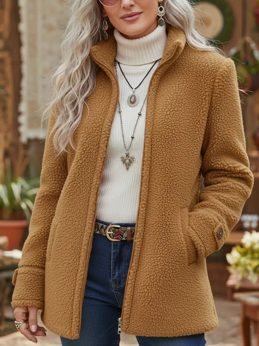 Women's Teddy Sherpa Coat by Christine Brewer featuring a full-zip, stand-collar design in soft fleece material.