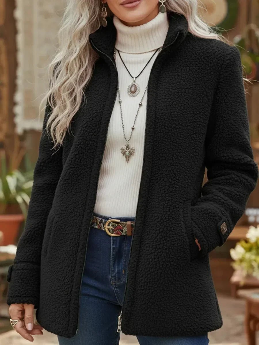 Women's Willow Teddy Fleece Full-Zip Stand-Collar Coat by Christine Brewer, shown in soft teddy sherpa fabric with a full zip and stand collar.