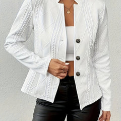 Women’s textured cable-knit open-front quilted jacket by Christine Brewer, featuring a cozy, stylish knit design and quilted details.