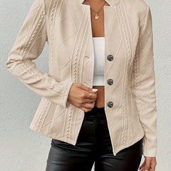 Woman wearing the Christine Brewer Isabella textured cable-knit open-front quilted jacket, showcasing its cozy knit and stylish design.