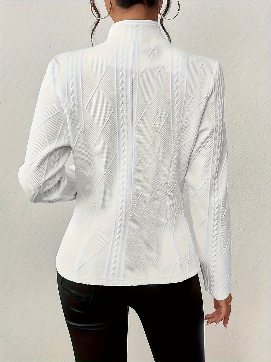 Women's textured cable-knit open-front quilted jacket by Christine Brewer, showcasing a stylish, cozy knit design with a quilted texture.