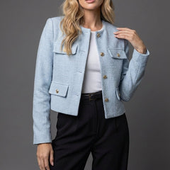 Women’s tweed cropped blazer jacket with round neck and button closure by Christine Brewer, stylish and tailored for a polished look.
