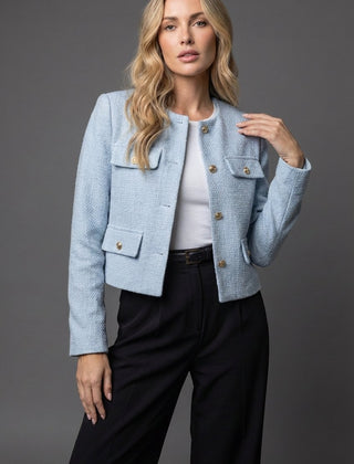 Women’s tweed cropped blazer jacket with round neck and button closure by Christine Brewer, stylish and tailored for a polished look.
