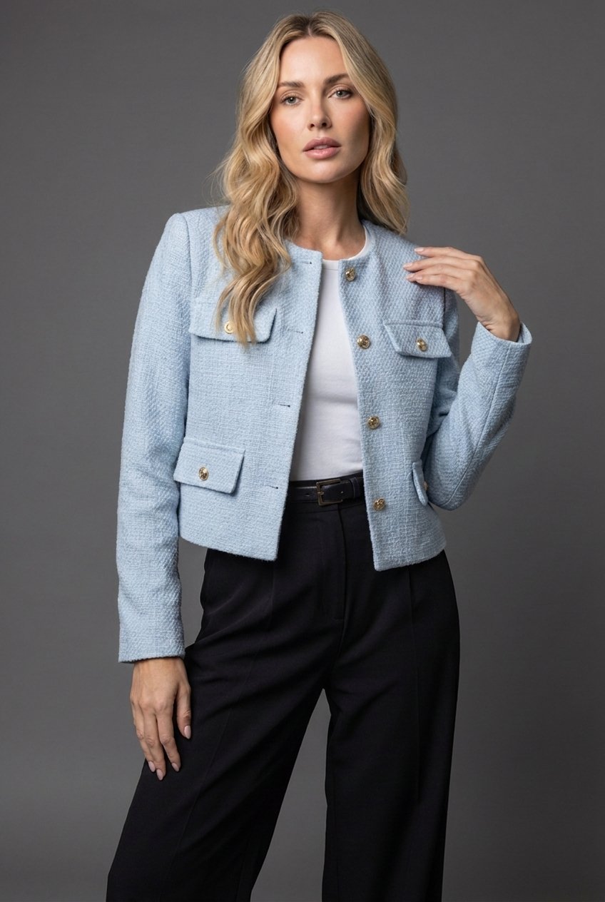 Women’s tweed cropped blazer jacket with round neck and button closure by Christine Brewer, stylish and tailored for a polished look.