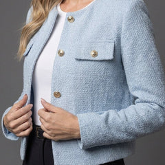 Christine Brewer Ella women's tweed cropped blazer jacket with round neck and button front, stylish and tailored for women.