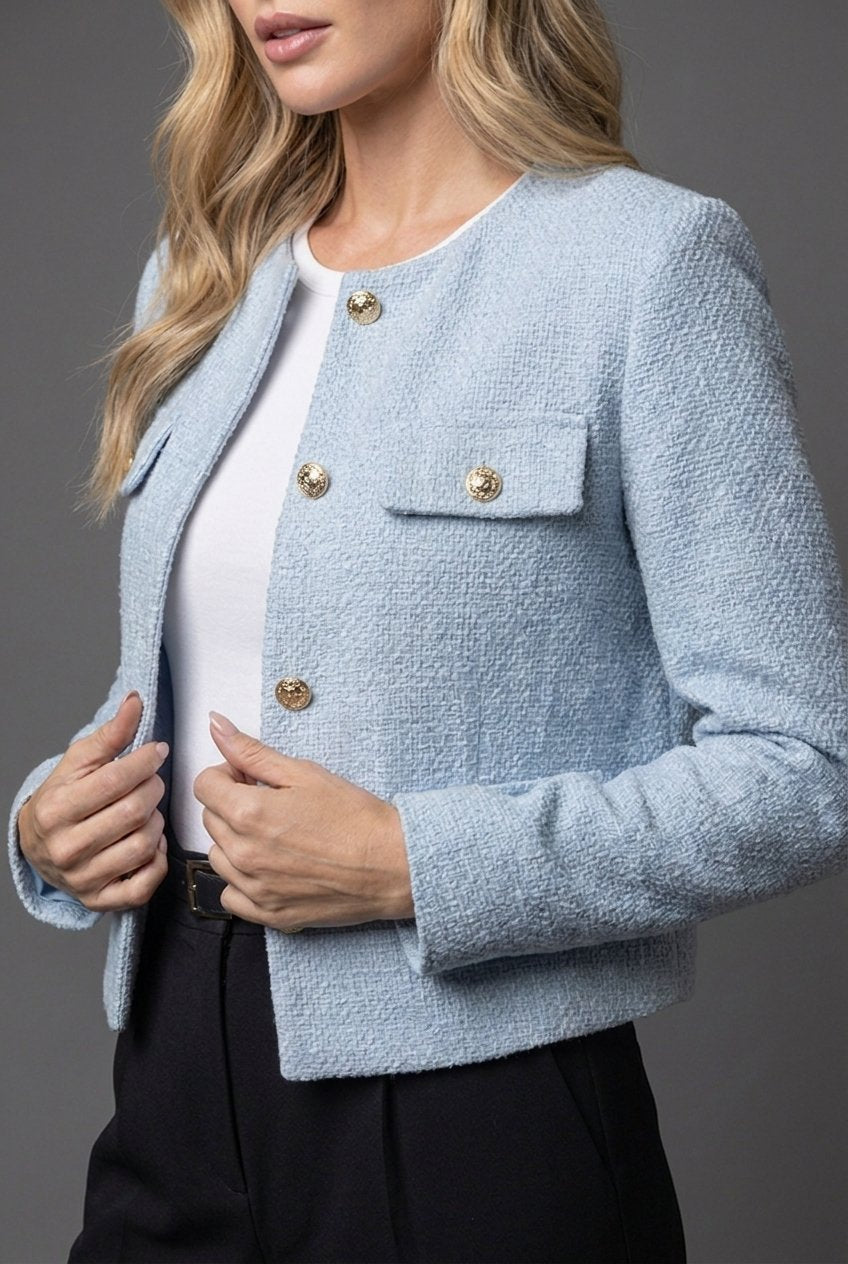 Christine Brewer Ella women's tweed cropped blazer jacket with round neck and button front, stylish and tailored for women.