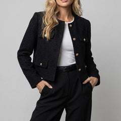 Women's tweed cropped blazer jacket with round neck and button details by Christine Brewer, stylish tailored blazer for women.