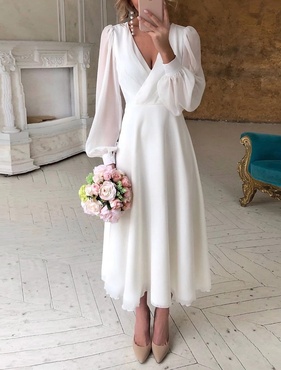 Elodie | Wedding Guest Dress Midi Dress Women V-Neck Puff Sleeve Long Sleeve A-Line Wrap