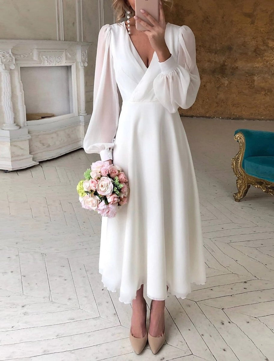 Elodie | Wedding Guest Dress Midi Dress Women V-Neck Puff Sleeve Long Sleeve A-Line Wrap