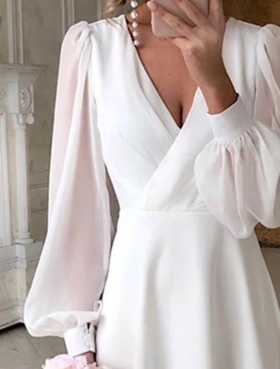 Elodie | Wedding Guest Dress Midi Dress Women V-Neck Puff Sleeve Long Sleeve A-Line Wrap