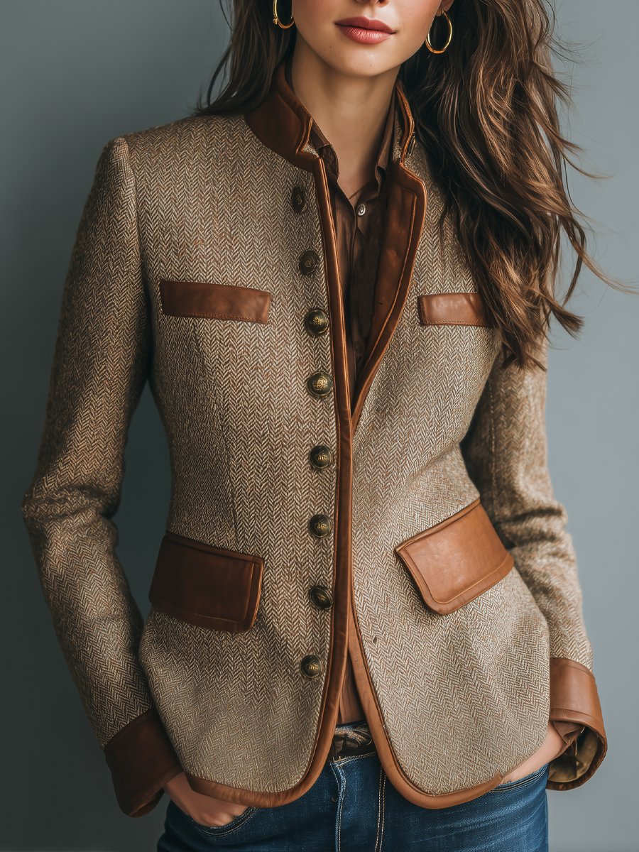 Sophia women's vintage herringbone tweed jacket with leather trim and button-front from Christine Brewer.