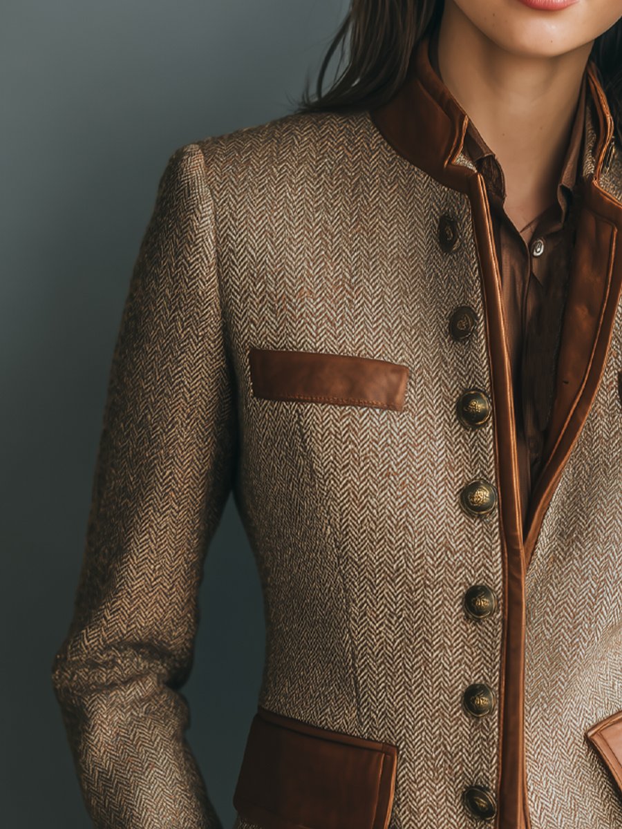 Sophia women's vintage herringbone tweed jacket with leather trim and button front by Christine Brewer, shown in natural fabric detail.