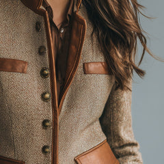 Sophia women's vintage herringbone tweed jacket with leather trim and button-front from Christine Brewer, styled for classic elegance.