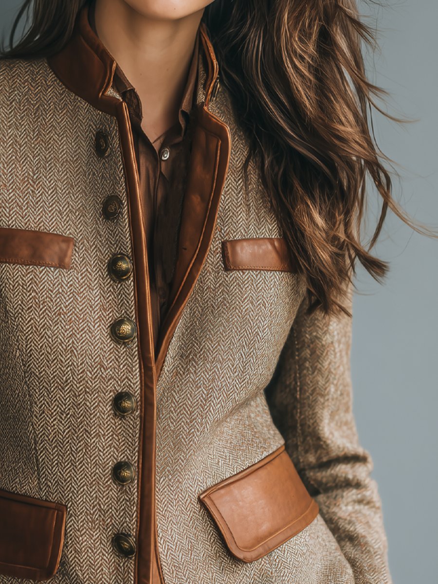 Sophia women's vintage herringbone tweed jacket with leather trim and button-front from Christine Brewer, styled for classic elegance.
