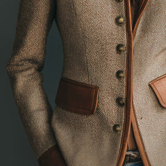 Sophia women's vintage herringbone tweed jacket with leather trim and button-front by Christine Brewer, stylish and classic.