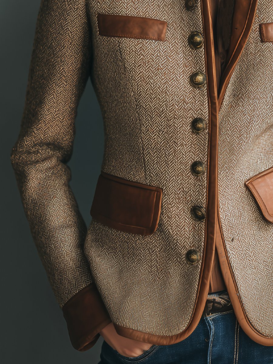 Sophia women's vintage herringbone tweed jacket with leather trim and button-front by Christine Brewer, stylish and classic.
