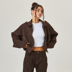 Emily women's vintage-inspired faux suede oversized bomber jacket by Christine Brewer, shown in a stylish, relaxed fit.