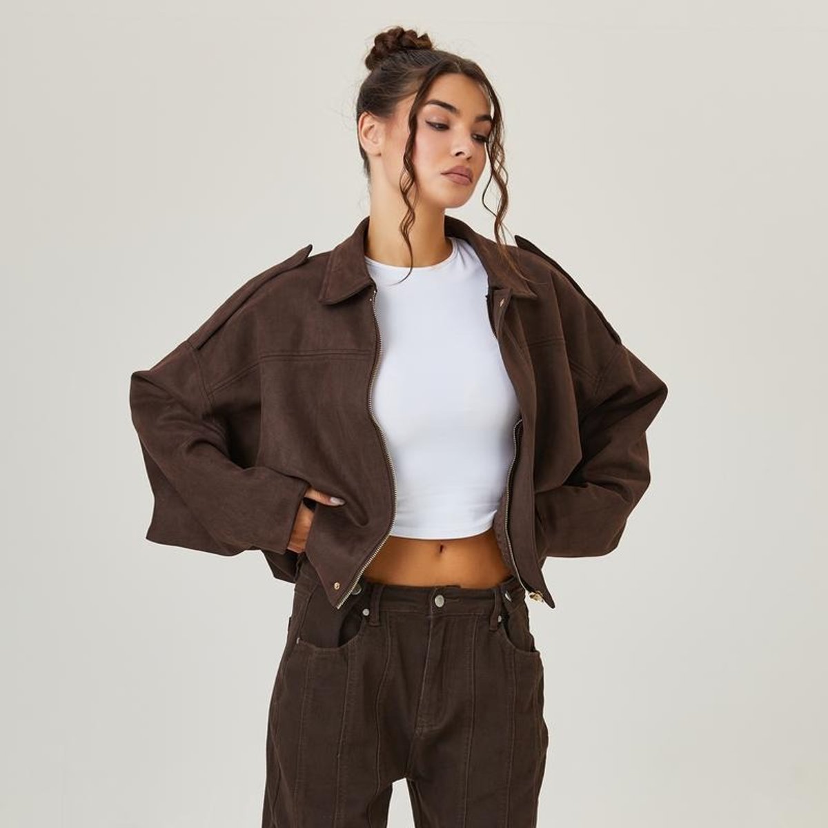 Emily women's vintage-inspired faux suede oversized bomber jacket by Christine Brewer, shown in a stylish, relaxed fit.