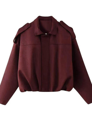 Women’s vintage-inspired faux suede oversized bomber jacket by Christine Brewer, shown in a stylish, relaxed fit.