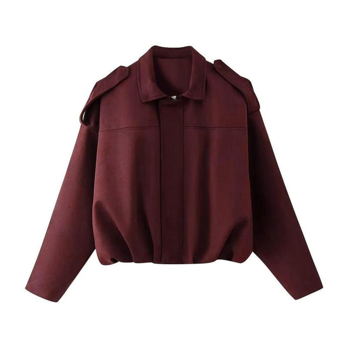 Women’s vintage-inspired faux suede oversized bomber jacket by Christine Brewer, shown in a stylish, relaxed fit.