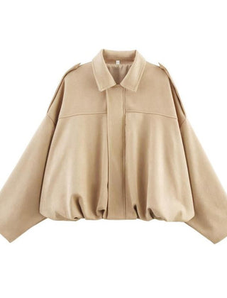 Women’s vintage-inspired faux suede oversized bomber jacket by Christine Brewer, shown in a stylish, relaxed fit.