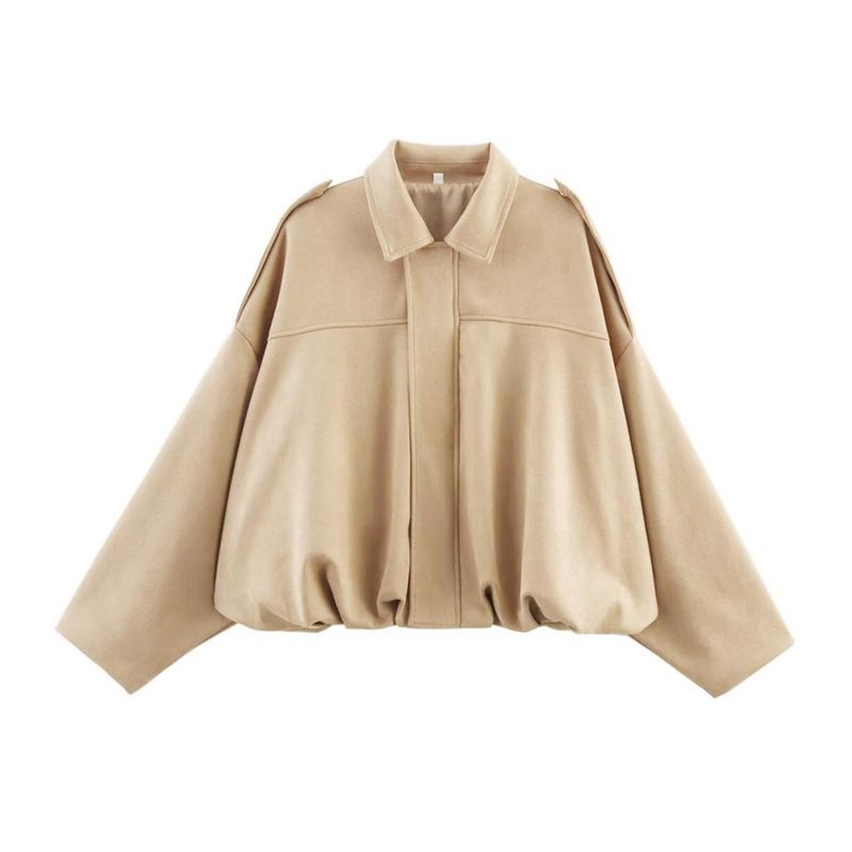 Women’s vintage-inspired faux suede oversized bomber jacket by Christine Brewer, shown in a stylish, relaxed fit.
