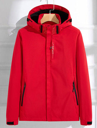Women's waterproof hooded rain jacket by Christine Brewer with adjustable fit, featuring a hood and stylish rain-resistant design.