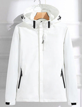 Victoria women's waterproof hooded rain jacket by Christine Brewer, featuring adjustable fit and durable waterproof material.