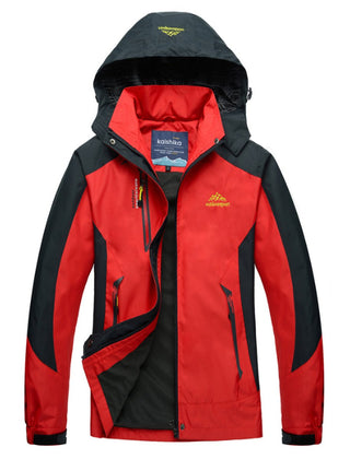 Women’s waterproof hooded outdoor shell jacket by Christine Brewer, shown in navy with zippered pockets and adjustable hood.