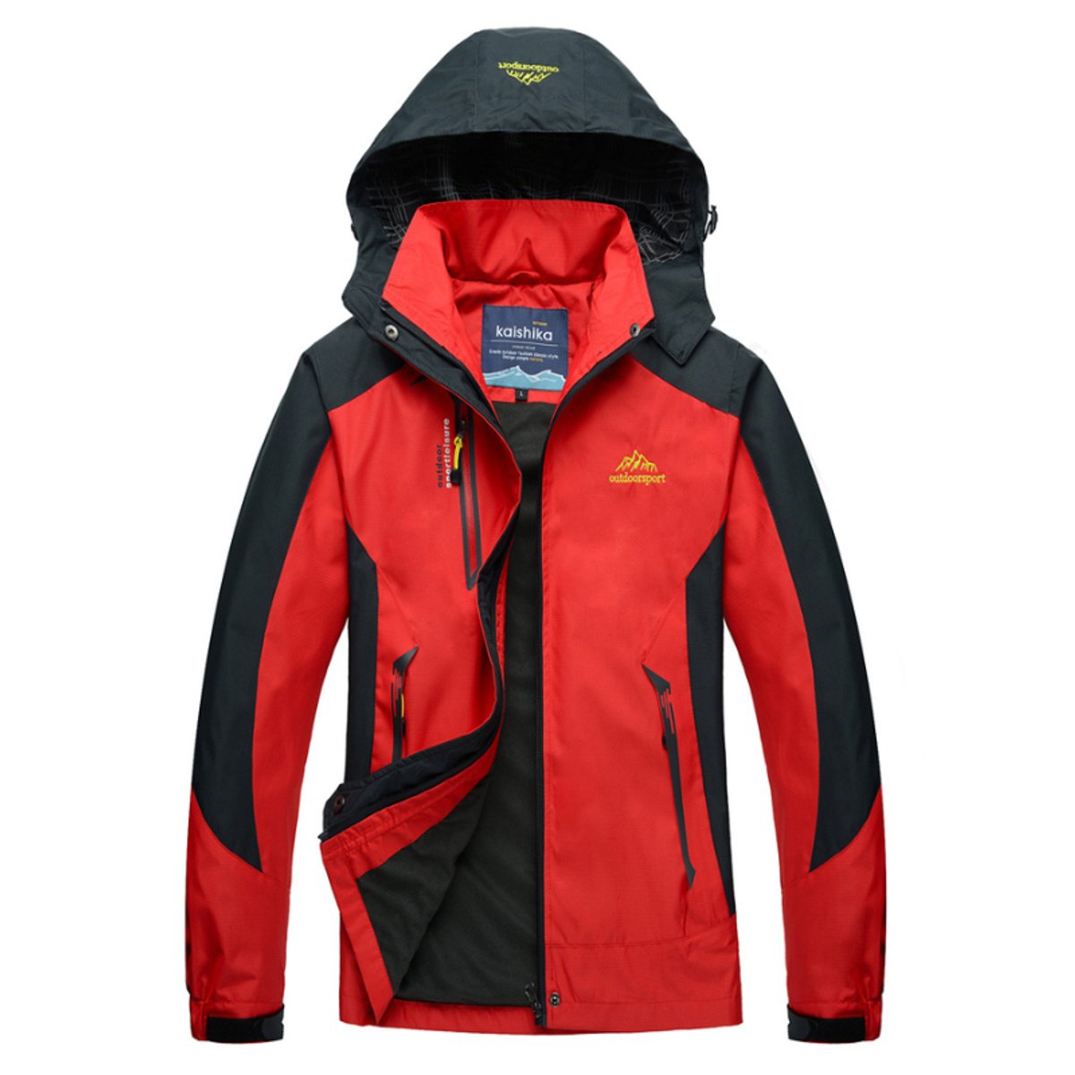 Women’s waterproof hooded outdoor shell jacket by Christine Brewer, shown in navy with zippered pockets and adjustable hood.