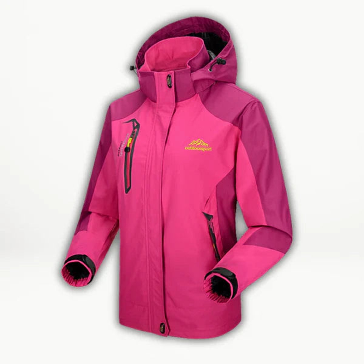 Women's waterproof hooded shell jacket by Christine Brewer, lightweight outdoor shell with adjustable hood and sealed seams.