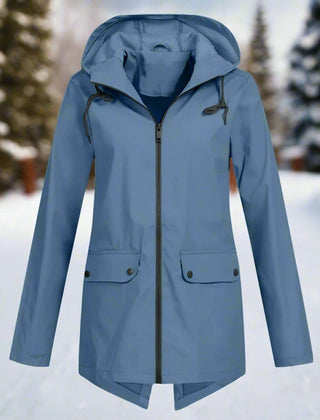Christine Brewer women's waterproof hooded rain jacket with zip front, adjustable cuffs, and front pockets, designed for rainy weather.