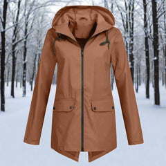 Women's waterproof hooded rain jacket by Christine Brewer featuring a zip-up front, adjustable cuffs, and multiple pockets.