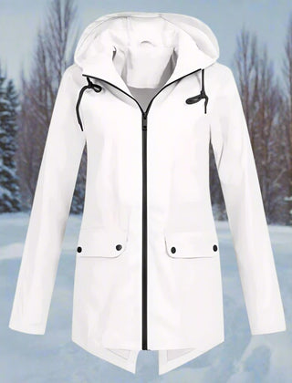 Women's waterproof hooded rain jacket by Christine Brewer with a front zip, adjustable cuffs, and side pockets.