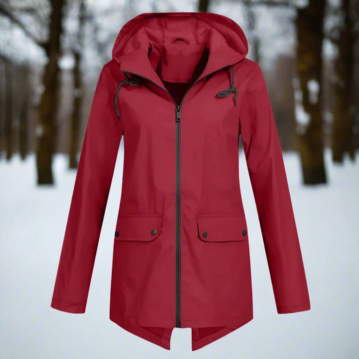 Christine Brewer women's waterproof hooded rain jacket with zip-up front, adjustable cuffs, and pockets, ideal for wet weather.