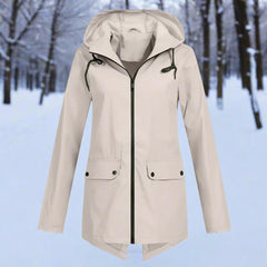 Christine Brewer women's waterproof hooded rain jacket with zip-up front, adjustable cuffs, and functional pockets.